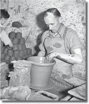  ??  ?? A potter seen here throwing a large flower pot, while a youngster weighs out clay