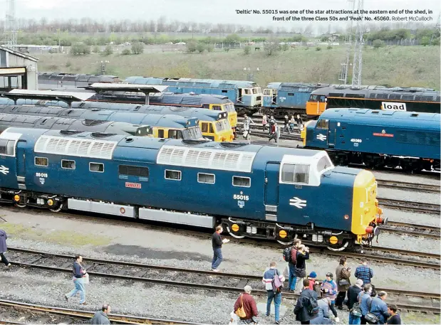  ?? Robert McCulloch ?? ‘Deltic’ No. 55015 was one of the star attraction­s at the eastern end of the shed, in
front of the three Class 50s and ‘Peak’ No. 45060.