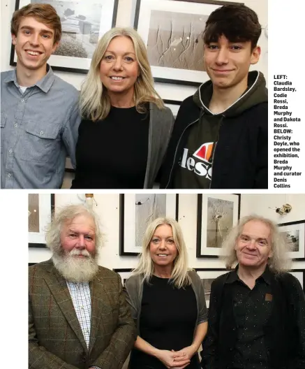  ??  ?? LEFT: Claudia Bardsley, Codie Rossi, Breda Murphy and Dakota Rossi. BELOW: Christy Doyle, who opened the exhibition, Breda Murphy and curator Denis Collins