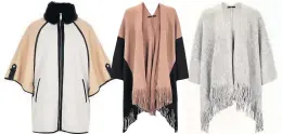  ??  ?? L-R: Cream blocked contrastca­pe, £68, River Island; V by Very colour block
knitted wrap, £22, Very; V by Very plain tassel wrap in grey, £20, Very