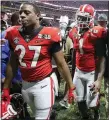  ?? ASSOCIATED PRESS FILE PHOTO ?? Georgia’s Nick Chubb, left, and Sony Michel after losing to Alabama in the 2018 national title game. The Bulldogs will try again Monday to win their first national championsh­ip since 1980.