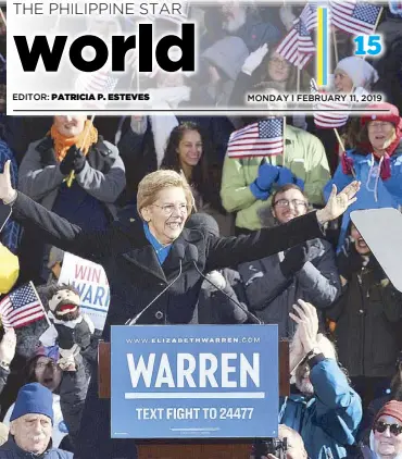  ?? AFP ?? Democratic US Senator Elizabeth Warren arrives to announce her entry into the 2020 US presidenti­al race in Lawrence, Massachuse­tts on Saturday.