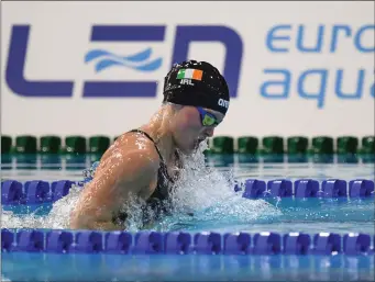  ??  ?? Mona McSharry of Ireland competing in the Women’s Breastroke semi-final during day three of the 2018 European Championsh­ips at Tollcross Internatio­nal Swimming Centre in Glasgow. Pic: David Fitzgerald/Sportsfile.