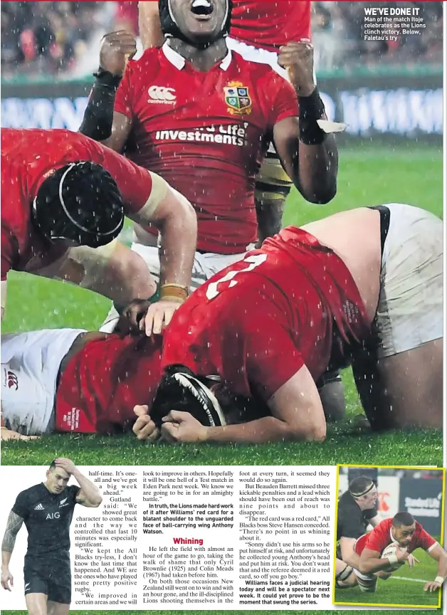  ??  ?? WE’VE DONE IT Man of the match Itoje celebrates as the Lions clinch victory. Below, Faletau’s try