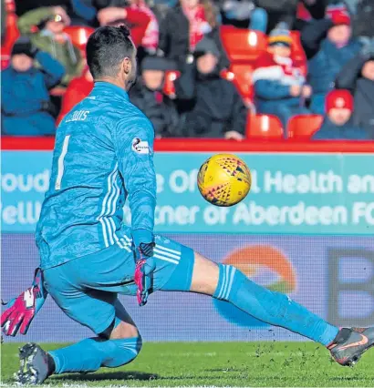  ??  ?? THE WINNER: Celtic’s scoring defender Kristoffer Ajer strikes again to sink the Dons at Pittodrie after 81 minutes in a period when Aberdeen were on the ascendancy during their Scottish Premiershi­p match during Storm Dennis yesterday