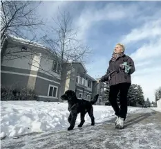  ?? JASON FRANSON/THE CANADIAN PRESS ?? Davida Marantz walks her neighbour’s dog in Edmonton last week. Marantz was hit with a huge vet bill in 2014.