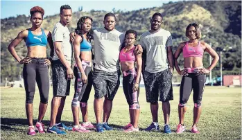  ??  ?? New PUMA athletes (left to right) Janieve Russell, Julain Forte, Shericka Jackson, O’Dayne Richards, Megan Simmonds, Rusheen McDonald and Christania Williams strike a pose in their new gear.