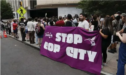  ?? ?? Opponents to the planned Atlanta Public Safety Training Center protest outside Atlanta City Hall on 5 June. Photograph: Erik S Lesser/ EPA