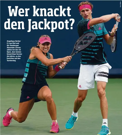  ??  ?? Angelique Kerber (l.) aus Kiel und der Hamburger Alexander Zverev zählen bei den US Open, dem letzten Grand-Slam-Turnier des Jahres, zu den Favoriten auf den Turniersie­g.