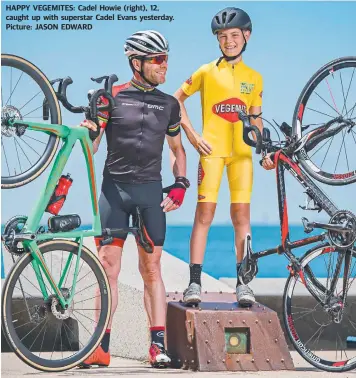  ??  ?? HAPPY VEGEMITES: Cadel Howie (right), 12, caught up with superstar Cadel Evans yesterday. Picture: JASON EDWARD