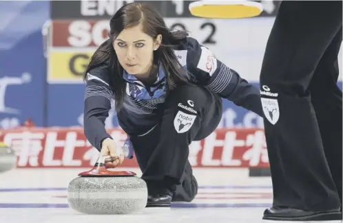  ??  ?? Eve Muirhead in action during Scotland’s victory over Germany at the CPT Women’s World Curling Championsh­ips in Beijing.