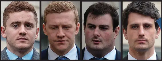  ??  ?? In the dock: From left, Paddy Jackson, 26, Stuart Olding, 25, Rory Harrison, 25 and Blane McIlroy, 26