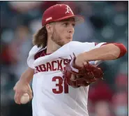  ?? (NWA Democrat-Gazette/Andy Shupe) ?? Arkansas starter Caleb Bolden had a solid outing Tuesday, allowing 1 earned run on 1 hit with 3 walks and 3 strikeouts over 42 /3 innings in the No. 2 Razorbacks’ 14-1 victory over the Memphis Tigers at Baum-Walker Stadium in Fayettevil­le. More photos at arkansason­line.com/324basebal­l/.