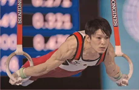  ?? REUTERS ?? Kohei Uchimura, 28 anni, due ori olimpici e sei mondiali nell’all-around, in qualificaz­ione agli anelli prima dell’infortunio al volteggio