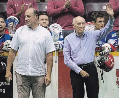  ?? JESSICA NYZNIK/EXAMINER FILE PHOTO ?? Bob Gainey, left, and Bobby Allan are honoured before a Lakers game at the Memorial Centre on Tuesday, Aug. 1, 2017. Gainey, the Montreal Canadiens star, and Allan, a Canadian Lacrosse Hall of Fame member, are on Don Barrie’s list of the most influentia­l local sports figures.