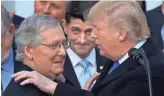  ?? MANUEL BALCE CENETA/AP ?? President Donald Trump (right) congratula­tes Senate Majority Leader Mitch McConnell, while House Speaker Paul Ryan watches, on the final passage of tax-overhaul legislatio­n at a White House celebratio­n.