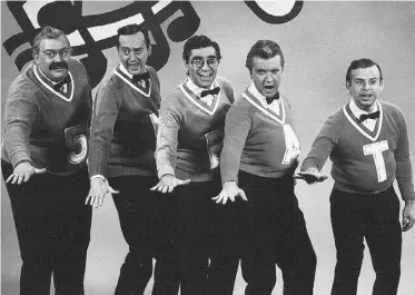  ?? SUPPLIED ?? From left, John Candy, Joe Flaherty, Eugene Levy, Dave Thomas and Rick Moranis perform as the mock vocal group 5 Neat Guys in their SCTV days. SCTV filmed two seasons in Edmonton.