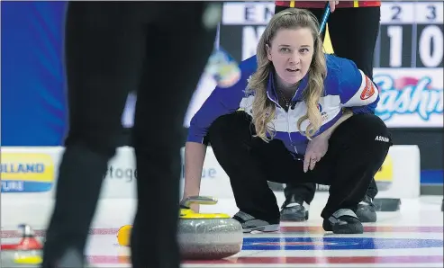  ?? — CP PHOTO ?? Alberta skip Chelsea Carey watches a rock as they play Nunavut at the Scotties yesterday in Sydney, N.S.