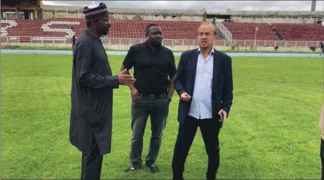  ??  ?? R-L: Super Eagles Technical Adviser, Gernot Rohr; Eagles Team Administra­tor, Dayo Enebi Achor and NFF’s 2nd Vice President/LMC Chairman, Shehu Dikko, during the inspection of the Ahmadu Bello Stadium turf in Kaduna…yesterday