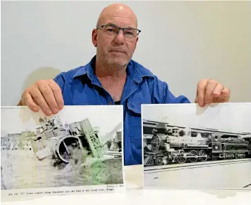  ??  ?? Lumsden Heritage Trust chairman John Titter with photos of the two 1885 V class locomotive­s that currently rest at the bottom of the Oreti River, near Lumsden, Southland. The group plan to uplift the locos and restore them. ROBYN EDIE/STUFF