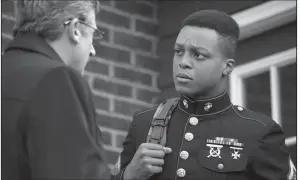  ??  ?? Bereaved father Doc Shepherd (Steve Carell) talks to young Marine Charlie Washinton (J. Quinton Johnson) in Richard Linklater’s meditation on the cost of war, Last Flag Flying.