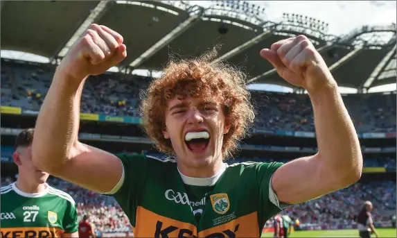  ??  ?? Paul Walsh of Kerry celebrates after helping the Kingdom to a famous fifth All Ireland minor football crown in succession. The Kingdom were winners over Galway in Sunday’s final in Croke Park Photo by Piaras Ó Mídheach / Sportsfile