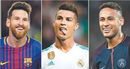  ?? AFP ?? Messi, Cristiano Ronaldo e Neymar: trio repete 2015 na briga pelo prêmio de melhor do mundo da Fifa