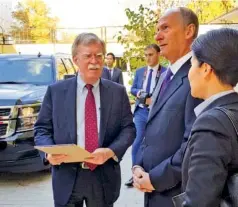  ?? PRESS SERVICE OF THE RUSSIAN SECURITY COUNCIL VIA AP ?? U.S. National Security Adviser John Bolton, left, and Russian Security Council chairman Nikolai Patrushev talk prior their official talks in Moscow, Russia, on Monday.