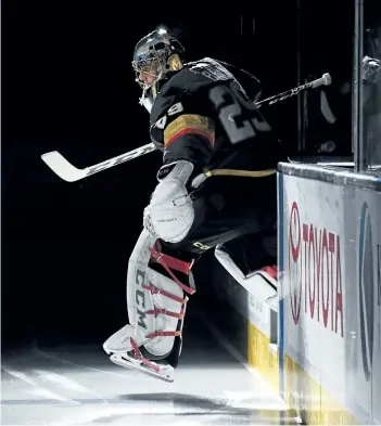  ?? ETHAN MILLER/GETTY IMAGES ?? Vegas goalie Marc-Andre Fleury has been nearly unbeatable when healthy. He is one of the main reasons the expansion Golden Knights sit atop the NHL’s Western Conference.