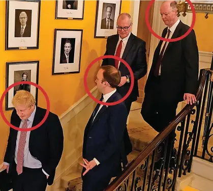  ??  ?? Close quarters: From left, Mr Johnson, Mr Hancock and Mr Whitty, circled, in No 10 two weeks ago