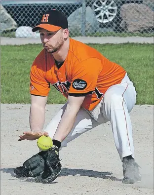  ?? KEITH GOSSE/THE TELEGRAM ?? Shortstop Alex Power of the NTV Hitmen scoops up a grounder during a St. John’s Senior Softball League game against the 3Cheers Pub Dodgers Sunday at Lions Park. It was the opening day of the league’s 61st season.