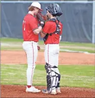  ?? Barbara hall ?? Sonoravill­e pitcher Zach Lyles, and his catcher Brock Clements discuss strategy on the mound Monday during the Phoenix’s season-opening 4-1 win over Coosa in the first game in their new ballpark.