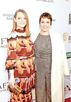  ?? — AFP photo ?? Stone (left) and Colman attend The Bafta Los Angeles Tea Party at Four Seasons Hotel Los Angeles at Beverly Hills on recently in Los Angeles, California.