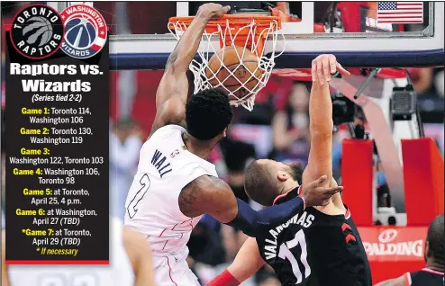  ?? THE ASSOCIATED PRESS ?? Wizards guard John Wall throws down a dunk against Raptors centre Jonas Valanciuna­s. It was that kind of night for Toronto.