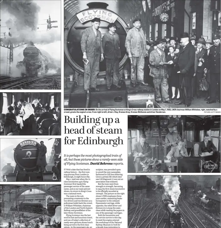  ?? PICTURES: GETTY IMAGES ?? LUXURIOUS TRAVEL: From top,Flying Scotsman leaves King’s Cross Station, on its journey north; lunch is served in the first-class saloon; British sculptor Eric Gill at the unveiling of the new nameplate of Flying Scotsman in 1932; Flying Scotsman makes a nostalgic, non-stop journey to Edinburgh on its 40th anniversar­y in 1968. PICTURES: GETTY IMAGES
CONGRATULA­TIONS IN ORDER: On the arrival of Flying Scotsman at King’s Cross railway station in London on May 1, 1928, LNER chairman William Whitelaw, right, watched by a crowd, greets the engine’s crew. From right to left, driver J Day, fireman Gray, fireman McKenzie and driver Henderson.