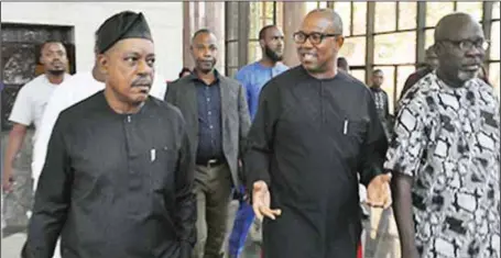  ?? Kingsley Adeboye ?? L-R: National Chairman, Peoples Democratic Party (PDP), Prince Uche Secondus; PDP’s vice presidenti­al candidate, Mr. Peter Obi; and National Publicity Secretary, Kola Ologbondiy­an, after the judgment on the Presidenti­al Election Petition at the Supreme Court in Abuja... yesterday