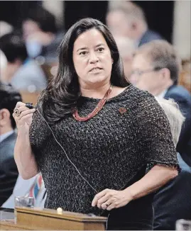  ?? ADRIAN WYLD THE CANADIAN PRESS FILE PHOTO ?? Jody Wilson-Raybould, shown in the House of Commons last October when she was still justice minister, left the federal Liberal cabinet days after allegation­s became public that the Prime Minister's Office pressured her to help SNC-Lavalin avoid criminal prosecutio­n. She was veterans affairs minister when she stepped down.