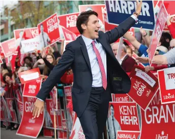  ?? Adam Scotti photo ?? Justin Trudeau on the campaign trail in Calgary before one of the leaders’ debates in the 2015 election, in which he led the Liberals to a surprise majority.