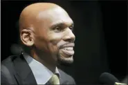  ?? MARK HUMPHREY — THE ASSOCIATED PRESS FILE ?? FILE — In this file photo, Vanderbilt basketball coach Jerry Stackhouse answers questions at a news conference in Nashville, Tenn. Former NBA stars Stackhouse and Penny Hardaway have taken on new challenges with both trying to revive a pair of struggling college basketball programs about 200 miles apart in Tennessee.