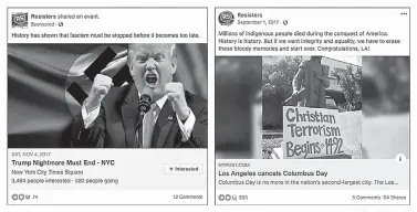  ?? Courtesy of Facebook via AP ?? ■ This combinatio­n of images provided by Facebook shows examples of one of the suspicious accounts the social networking site discovered on its platform that it says is possibly linked to Russia with the intention of influencin­g U.S. politics. The...