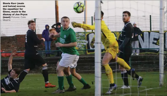  ?? Pictures: Colin Mearns ?? Stevie Kerr (main and below) scores the equaliser for Glens, much to the dismay of Joe Pryce (inset)