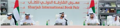  ?? Wam ?? BALANCED BUDGET: Sheikh Mohammed presides over the extraordin­ary session of the Cabinet at the Sharjah Internatio­nal Book Fair on Tuesday. The Cabinet approved the federal budget for the next four years with a total of Dh201.1 billion. —