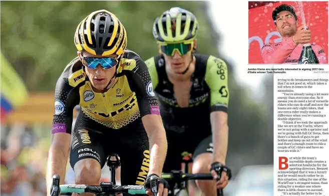  ?? GETTY IMAGES/AP PHOTOSPORT ?? George Bennett finished the Tour de France in 24th position. Inset, below, Steven Kruijswijk secured Jumbo-Visma’s first ever Tour podium finish on general classifica­tion. Jumbo-Visma are reportedly interested in signing 2017 Giro d’Italia winner Tom Dumoulin.