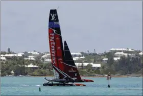  ?? GREGORY BULL — THE ASSOCIATED PRESS ?? Emirates Team New Zealand sails during a training session Wednesday in Hamilton, Bermuda. Emirates Team New Zealand faces Oracle Team USA in more America’s Cup sailing competitio­n this weekend.