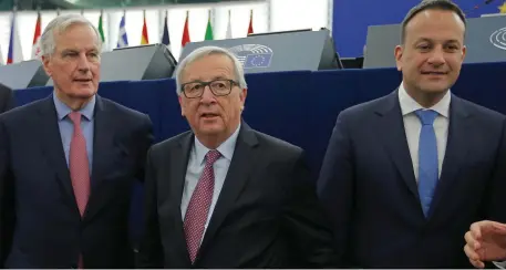  ?? Photo: Vincent Kessler ?? Taoiseach Leo Varadkar, European Union’s chief Brexit negotiator Michel Barnier, left, and European Commission President Jean-Claude Juncker attend a debate on the Future of Europe at the European Parliament in Strasbourg.