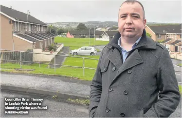  ?? MARTIN McKEOWN ?? Councillor Brian Tierney in Leafair Park where a shooting victim was found