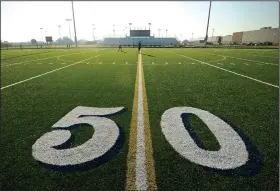  ?? NWA Democrat-Gazette/BEN GOFF • @NWABENGOFF ?? A view of the stadium Thursday looking toward the visitors side press box and bleachers at Bentonvill­e West High School in Centerton.