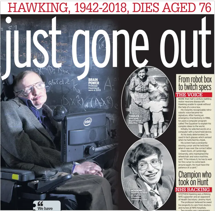  ??  ?? BRAIN POWER Professor Hawking at work in 2013 TODDLER With aunt Muriel on VE Day, May 1945 ACADEMIC Hawking in 1979 on visit to Princeton University, USA