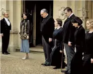  ??  ?? ³Lady Grantham, played by Elizabeth Mcgovern, with some of Downton’s downstairs staff, including Mr Carson (Jim Carter) and Mrs Hughes (Phyllis Logan)