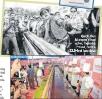  ??  ?? Quick Gun Murugan’s lead actor, Rajendra Prasad, with a 32.5-feet long dosa A 53-feet long dosa being prepared on a long tawa